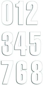 BLACKBIRD nalepovacie štartovné čísla 0-9, rozmery 13 cm x 7 cm, biela farba