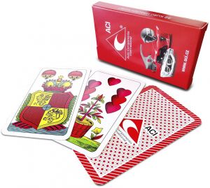 klasické hracie karty jednohlavové, 32 ks v krabičke,  s logom ACI